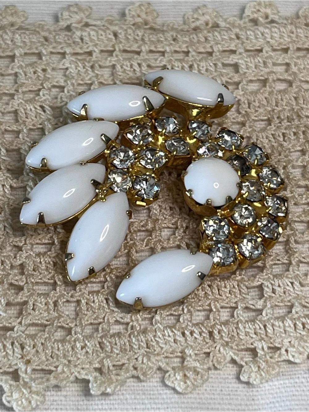 Vintage Milk Glass Rhinestone Crescent Brooch White Gold Tone MCM